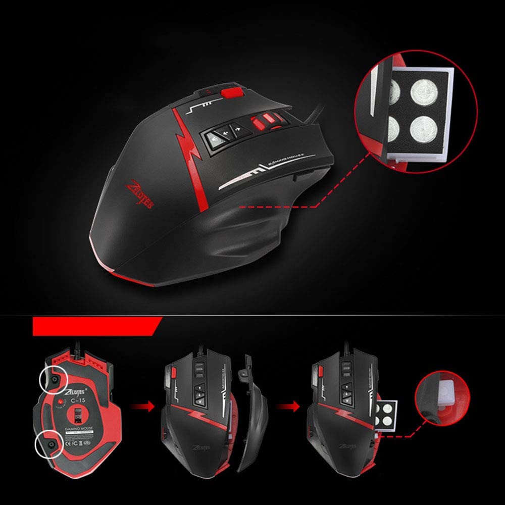 Zelotes C15 Gaming Mouse Adjustable 7000 DPI 13 Programmable Buttons LED Lights Office Mouse Suitable for PC Laptop
