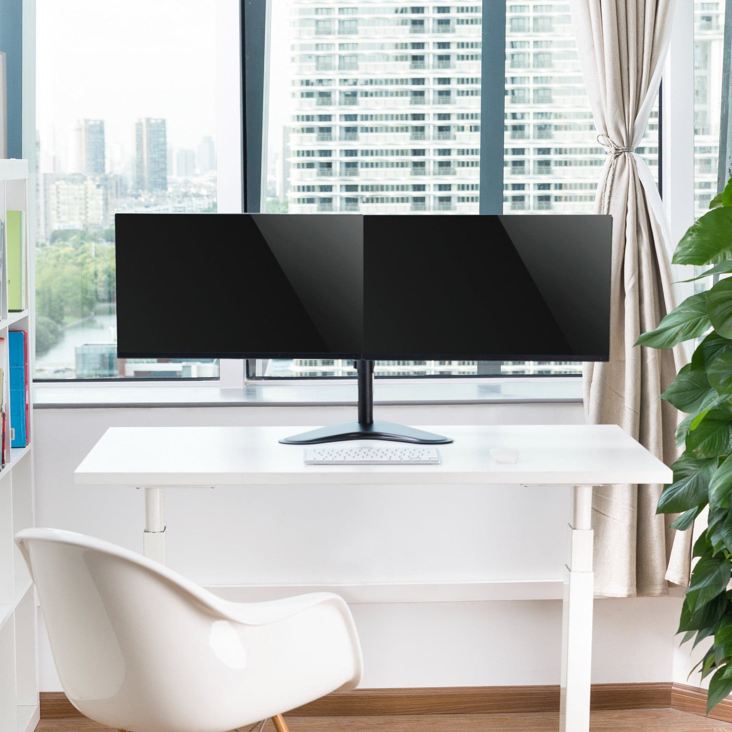 ProperAV Desk Monitor Stand 17" - 32" Dual Swing Arm Freestanding Base VESA Max 100x100