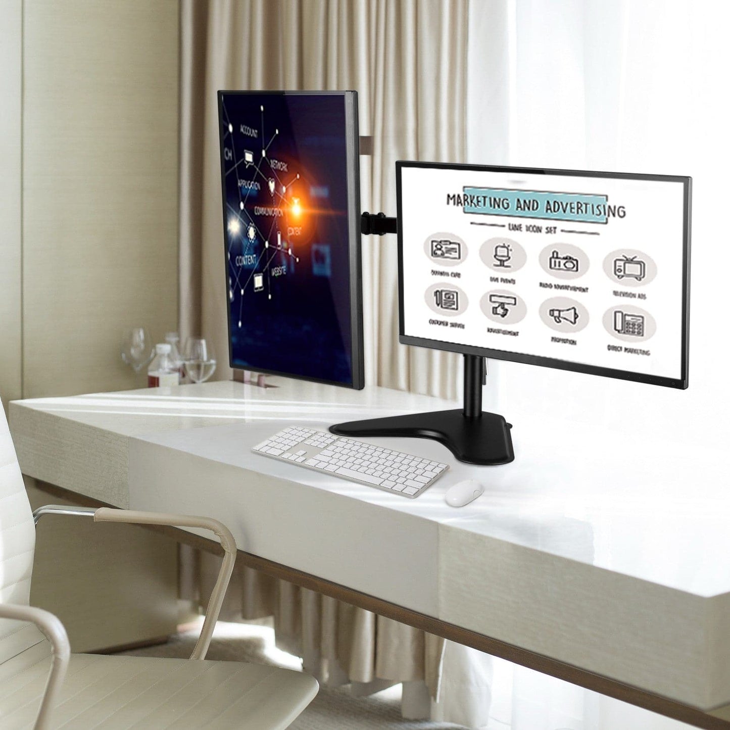 ProperAV Desk Monitor Stand 17" - 32" Dual Swing Arm Freestanding Base VESA Max 100x100