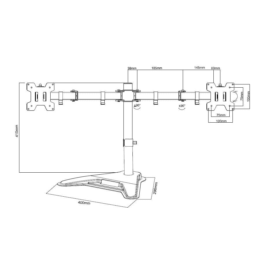 ProperAV Desk Monitor Stand 17" - 32" Dual Swing Arm Freestanding Base VESA Max 100x100