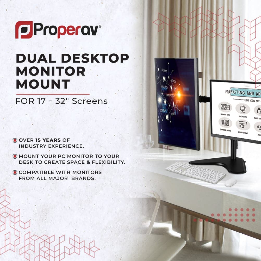 ProperAV Desk Monitor Stand 17" - 32" Dual Swing Arm Freestanding Base VESA Max 100x100